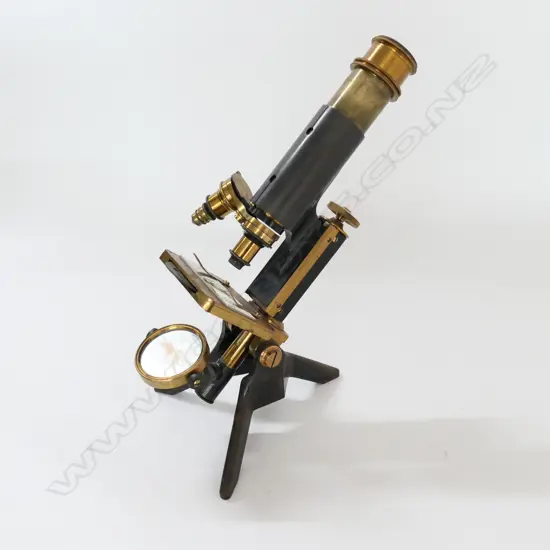 LACQUERED & BRASS MICROSCOPE, CAST TRIPOD STAND BARREL ENGRAVED 'MEDICAL SUPPLY ASSn, AGENTS for J.PARKES & SON. IN BOX